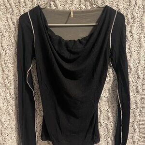 Elegant Black Drape Neck Blouse with White Piping